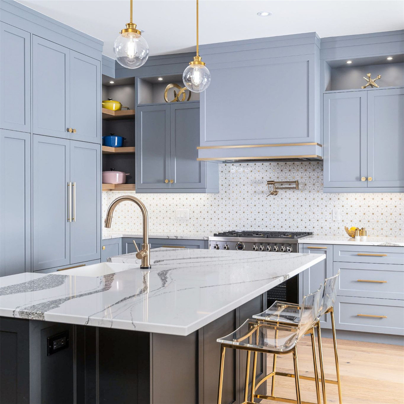 Niestandardowy komplet Shaker Villa Design Szary Błękitne Solidne Drewno Standardowy Gabinet Kuchni